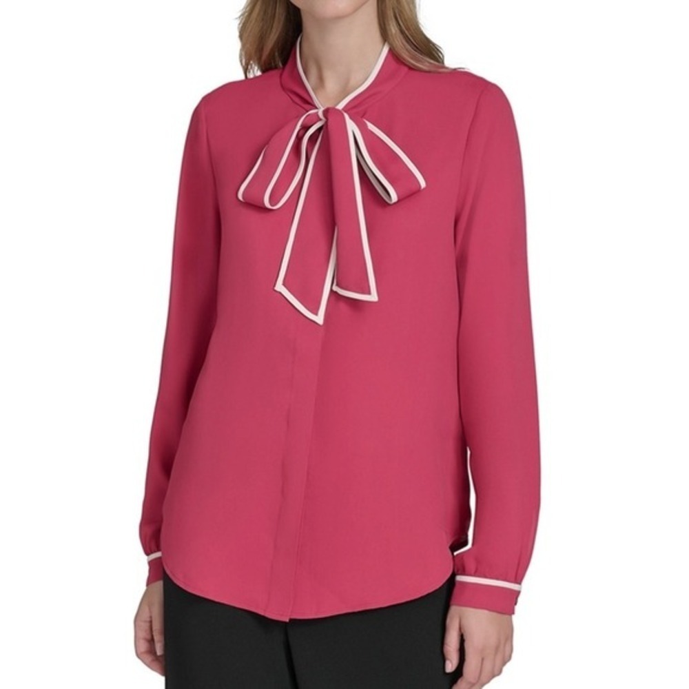 Halston Bow Tie Blouse Womens Medium Fuchsia Pink Ivory Trim Long Sleeve Career